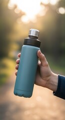Hand Holding Teal Insulated Water Bottle Outdoors at Sunset