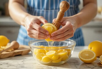 Squeezing fresh lemons in a cozy kitchen for a refreshing drink on a sunny afternoon