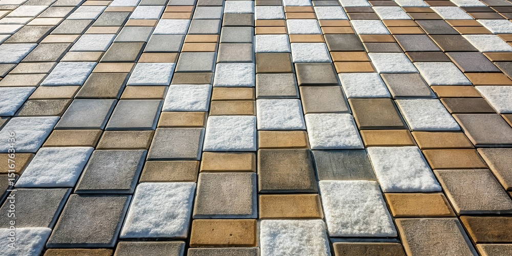 Poster A Winter's Day Pavement Perspective A Pattern of Tiles in Varied Hues Adorned with a Light Dusting of Snow