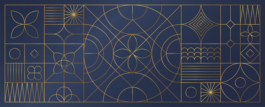 Line art pattern. Abstract circle background. Luxury ornament frame. Graphic invitation border. Gold outline motif. Decoration with geometric and floral elements. Vector design banner