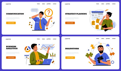 Business concept. Strategy planning, communication, analytics and team brainstorm. Minimalist design web banner. Employee or manager. Male character. Vector cartoon flat illustration