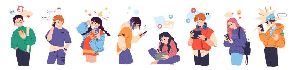 People with phone. Woman social media person, happy student in internet network listen music, male and female talking and chatting. Vector cartoon flat style isolated teenager characters © SpicyTruffel