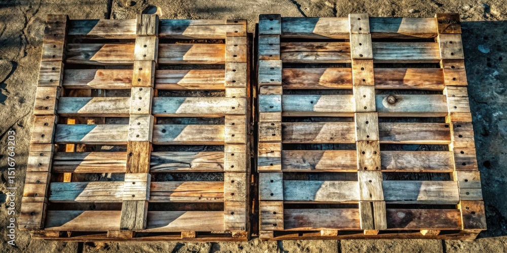 Poster rustic wooden pallets resting on weathered surface, displaying natural light and shadow details