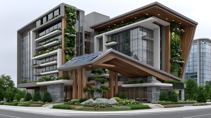 Contemporary commercial building with natural elements high resolution photo