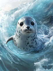 Fototapeta premium A seal popping its head out of the water in the icy ocean, the cold blue waters contrasting with the warmth of the sun shining down. The playful expression on its face adds a sense