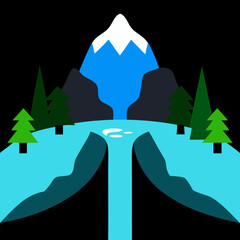 Waterfall and mountain river vector landscape background.