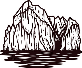 Hand drawn iceberg floating on water vintage engraved sketch illustration of mountain ice formation