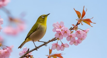 Fototapeta premium Delicate Japanese White-eye Bird Perched Among Blooming Cherry Blossoms in Spring