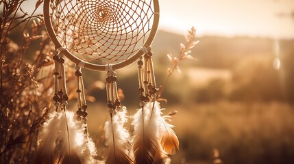 Obraz premium Beautiful dreamcatcher with feathers hanging in natural light during golden hour photo