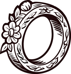 Obraz premium Hand drawn ornate floral ring illustration with decorative leaves and blooming flowers outlined in vintage