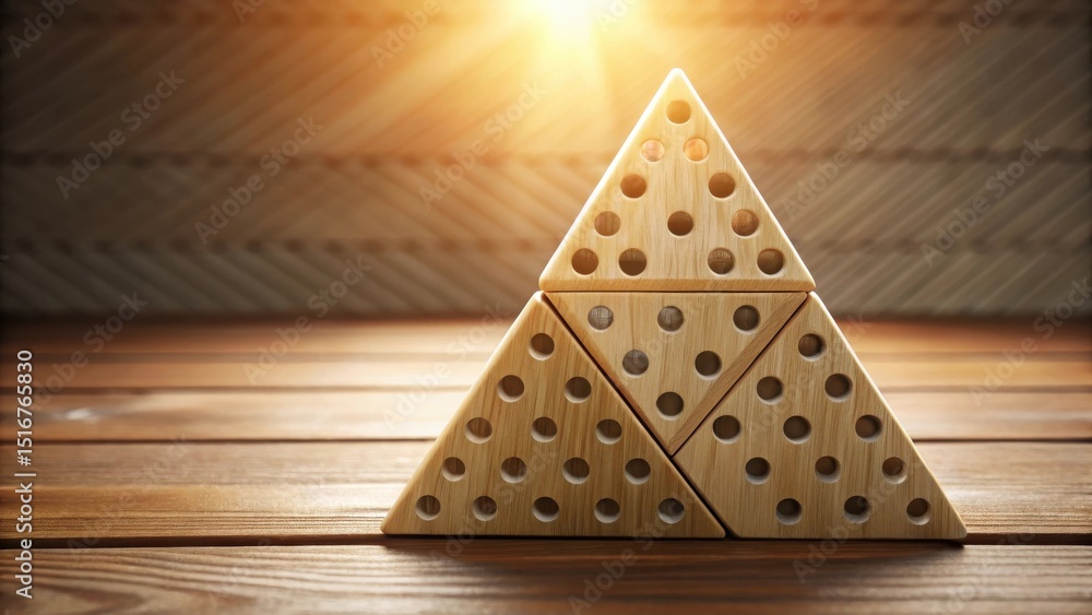 Poster Wooden Triangular Blocks Forming a Pyramid Structure on a Wooden Surface with Warm Lighting