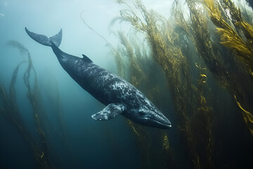 Fototapeta premium A solitary whale swimming through a kelp forest in the deep ocean, its massive body moving slowly among the tall, waving plants. The gentle flow of water and the eerie silence of the 