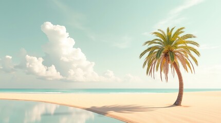 Fototapeta premium Palm Tree at Sunset on Sandy Beach. Tropical Paradise Coastline Scene.