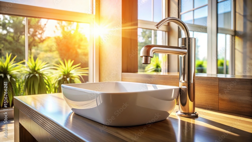 Poster modern bathroom sink and faucet design with sunlight streaming through a window