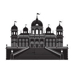 Obraz premium Black silhouette of grand palace with wide stairs isolated on white background.