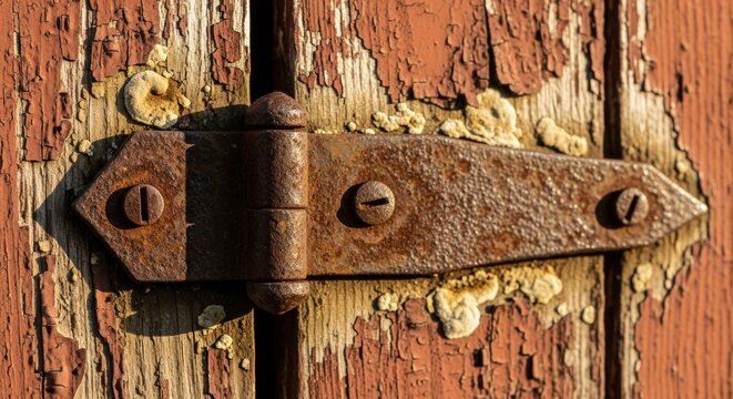 Rusty iron hinge on weathered wooden door with peeling paint