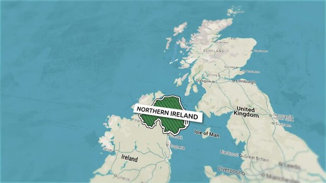Borders of the state of Northern Ireland on the map. Country Northern Ireland on the map is highlighted by a polygonal border. From above zooming in with panoramic view
