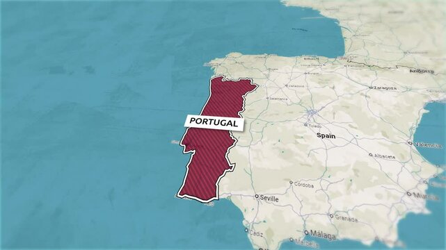 Borders of the state of Portugal on the map. Country Portugal on the map is highlighted by a polygonal border. From above zooming in with panoramic view