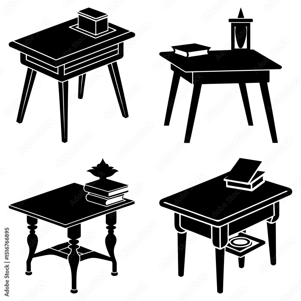 Aufkleber four different styles of tables with various objects placed on top in a black and white illustration