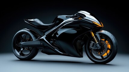 Obraz premium A stunning black sports motorcycle with sleek lines and bright accents, displayed against a dark background to highlight its modern design and powerful presence.