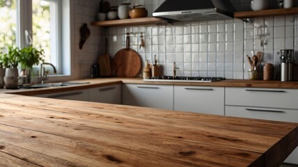 Wooden Tabletop with Blurred Modern Kitchen Background 17