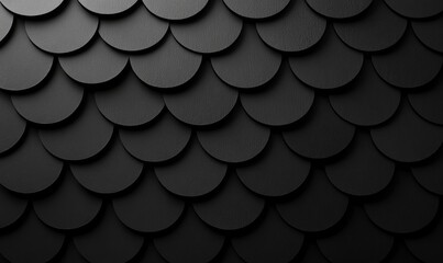 Black roof shingle texture background with a seamless pattern. Wide banner of flat black tile roof. Dark gray round circles, circular roof tiles. Abstract dark wall wallpaper design.