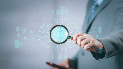 AI Technology. Businessman touch brain working data and Algorithm of Artificial Intelligence in the...