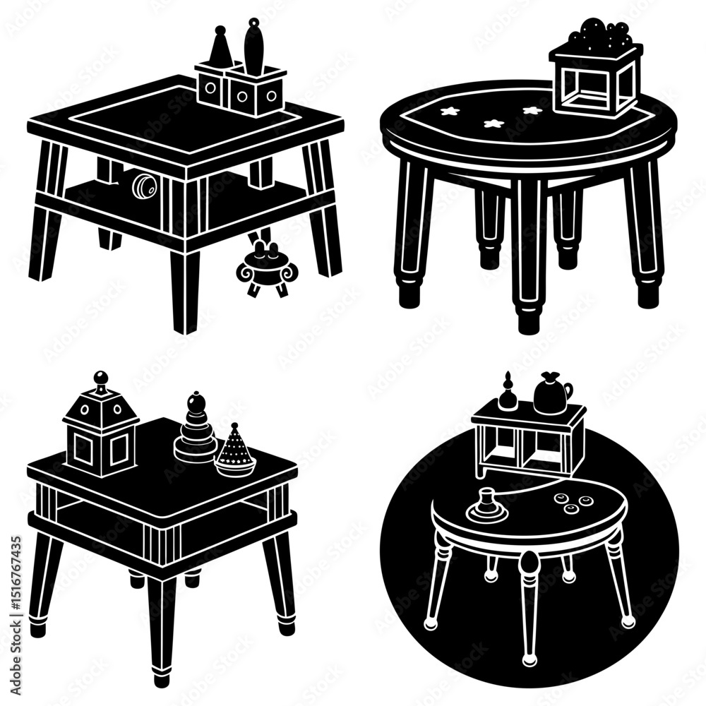 Aufkleber illustration showcasing four distinct tables each adorned with decorative objects in a monochrome st