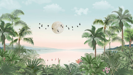 Dreamy Island Wall Mural: Sunset/Sunrise Palms, Birds, Moon & Pink Sky Scenery © csinie1