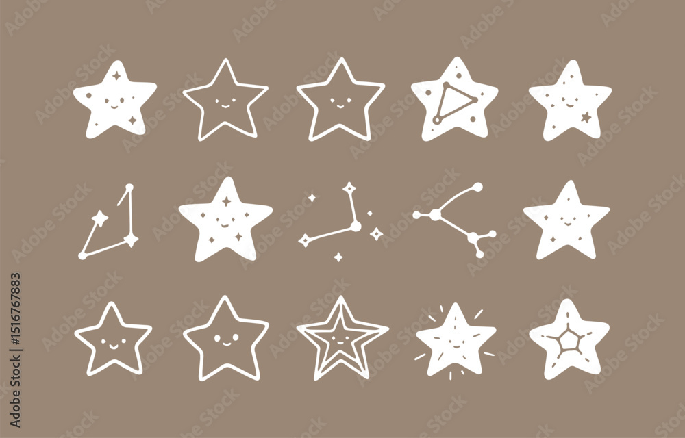 Poster cute star and constellation pattern with smiling faces and simple designs on a neutral background fo