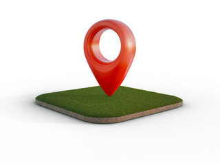 Location pin icon on earth and green grass in  real estate sale or property investment concept. 3d illustration of big red map pointer symbol.