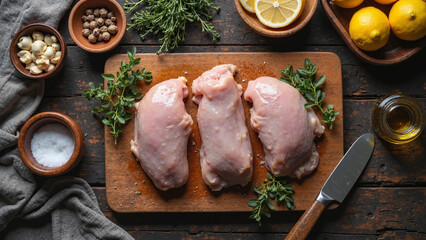 Raw Chicken Breasts with Herbs, Garlic, and Lemon on Wooden Board – National Chicken Month Concept