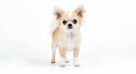 Obraz premium Tiny Chihuahua Dog Standing Alone Isolated on White Background Symbolizing Pet Adoption Canine Friend Small Companion Animal Domestic Breed Pet Care