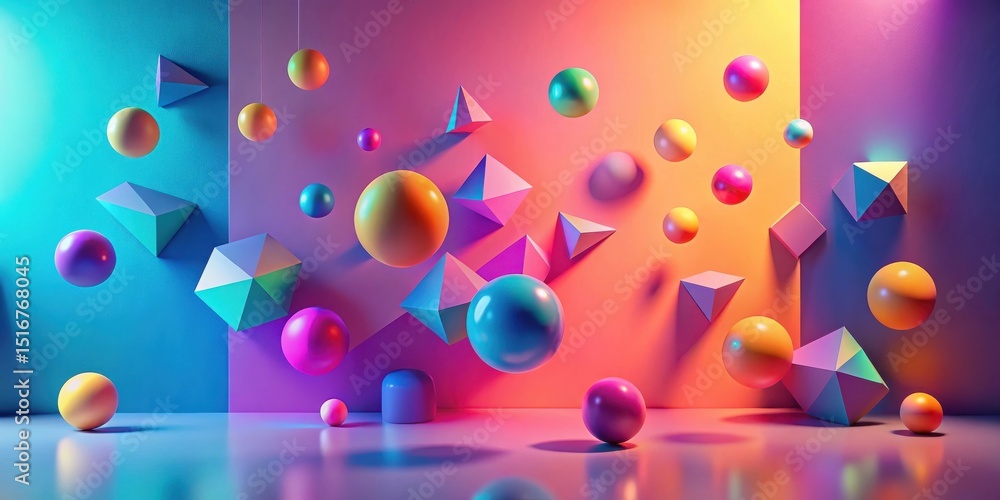 Poster vibrant geometric spheres and polyhedra in a dynamic composition with gradient lighting