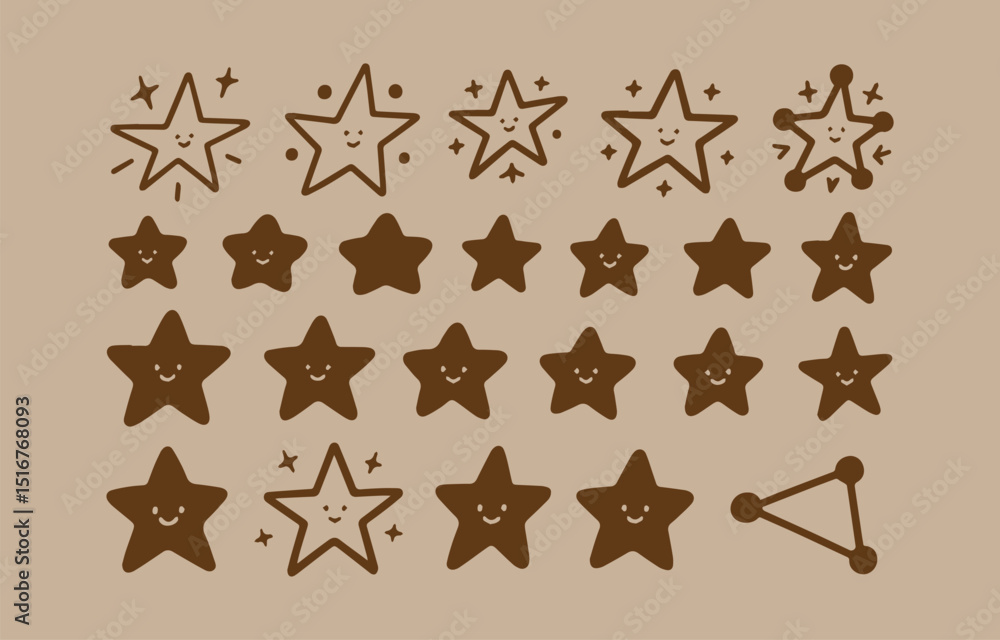 Poster cute brown star character set with different styles and expressions on a light brown background for 