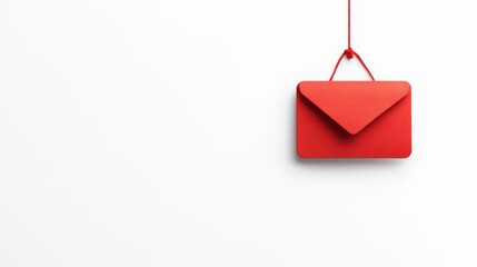 A vibrant red envelope hanging against a clean white background, symbolizing communication and connection.