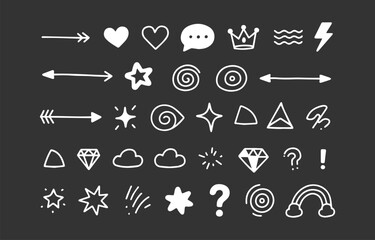 Naklejka premium Hand Drawn Doodle Elements Vector Set Arrows Hearts Stars Crown Speech Bubble Lightning Clouds Rainbow Question Mark Exclamation Point on Dark Gray Background
