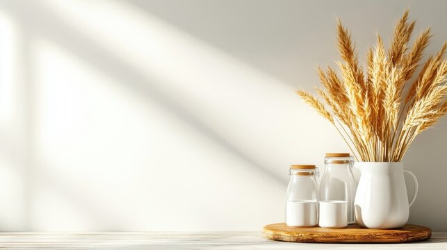 An elegant and minimalistic table setting featuring dried wheat arranged in a vase alongside glass jars, highlighting simplicity and natural beauty in home decor.
