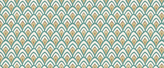 Seamless vintage tile pattern with teal, beige, and brown geometric arches.