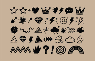 Hand Drawn Doodle Icon Set with Stars Hearts Crowns Diamonds Lightning Bolts Clouds Rainbows Arrows and Other Cute Elements