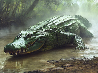 Obraz premium A crocodile stalking through the shallow, muddy waters of the riverbank, its green, scaly body blending with the murky surroundings. The hot, oppressive air adds a sense of tension to the scene.