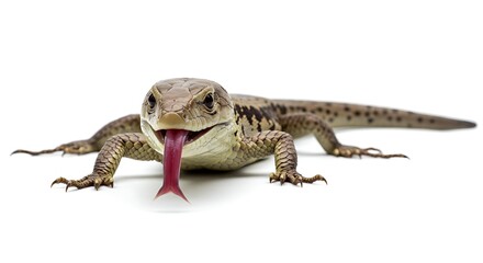 Naklejka premium Monitor Lizard with Tongue Out on White: Exotic Pet Isolated for Creative Design, Animal Behavior, Wildlife Photography, Reptile Study, Educational Material, and Scaled Skin Detail