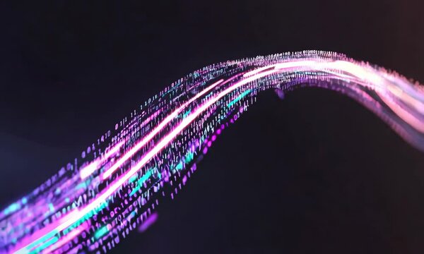 Abstract digital wave with flowing lines and binary code elements. The design features vibrant colors like purple and blue against a dark background.