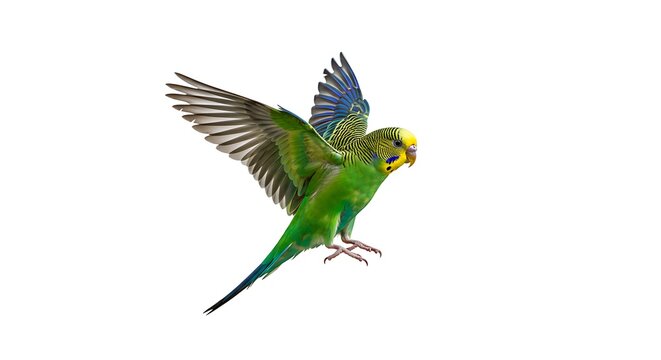 Green and Yellow Budgerigar Flying Isolated on White Background Capturing Natural Grace and Freedom in Studio Shot for Avian Themed Designs and Stock