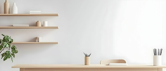 Light Wood Shelves With White Walls And Minimalist Design
