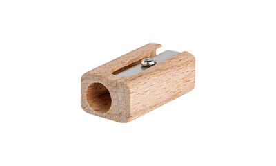 Wooden pencil sharpener in macro shot on white backdrop. Ideal for education, art supplies, and worldwide office essentials.