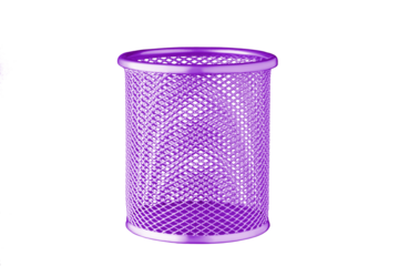 metallic Glass of purple, violet color for stationery, pencils, pens, scissors, ruler, on an isolated white background close up