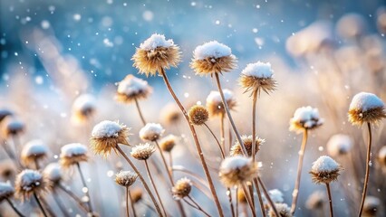 Obraz premium A serene winter scene featuring delicate wildflowers adorned with a light dusting of snow, gently falling amidst a soft-focus background.