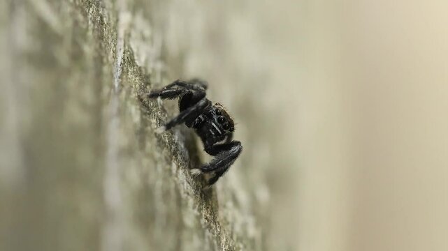 Ara&ntilde;a saltadora Euophrys altera mirando a c&aacute;mara se pone de perfil para mover sus patas, Alcoy, Espa&ntilde;a