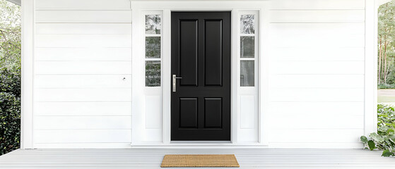 Fototapeta premium Elegant Black Panel Door With White Porch Decor